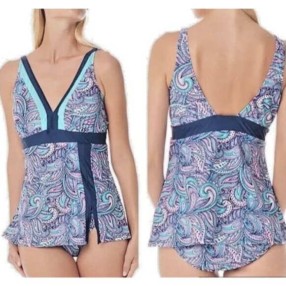 Skirted Geometric Swim dress /Swimsuit Paisley Multicolor Size 14 New - Picture 1 of 16